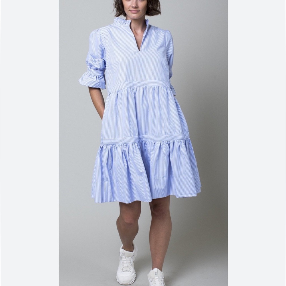 ✨Gretchen Scott Designs✨ Light Blue Striped Tiered Shirt Dress - Picture 7 of 15